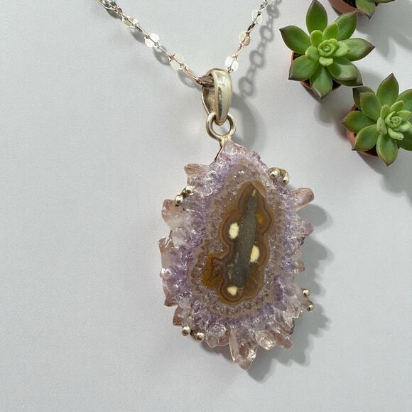 Natural Amethyst Geode Slice Pendant Necklace 925 Sterling Silver Handmade - Picture 3 of 7